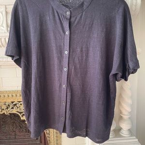 Eileen Fisher Navy Collarless Button-Up Shirt Blouse